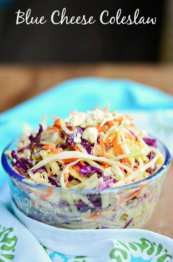 Blue Cheese Coleslaw in a clear glass bowl 