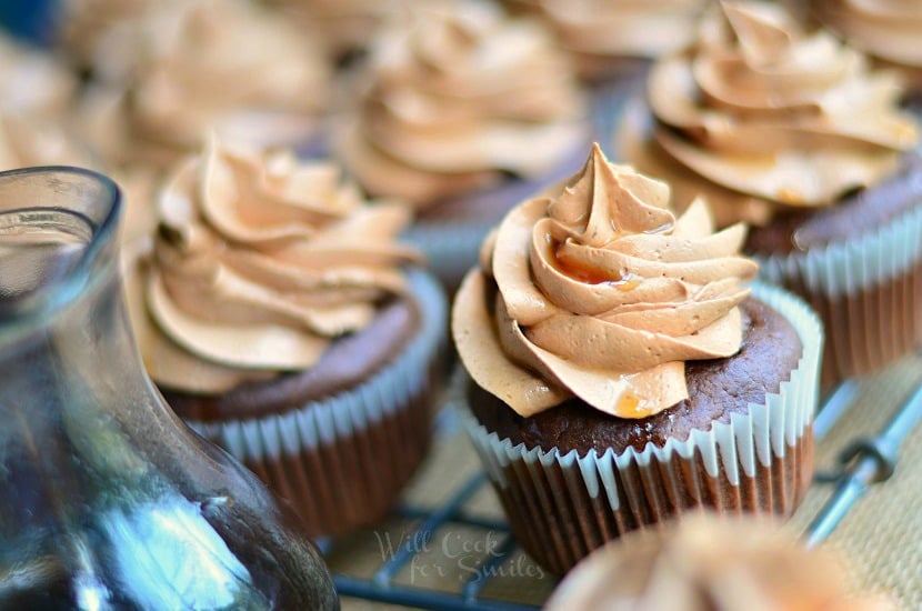 Bourbon Chocolate Cupcakes on wire cooling rack 