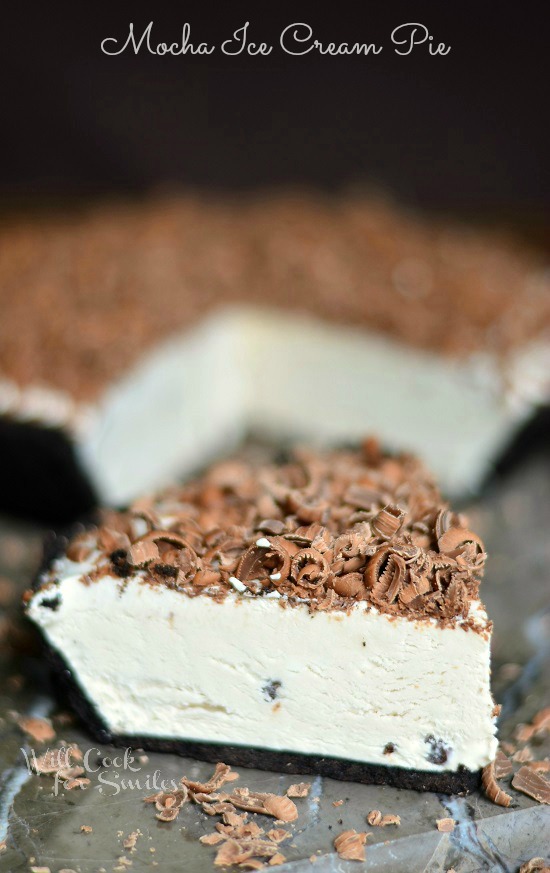Mocha Ice Cream Pie, a cream pie made with iced coffee, mini chocolate morsels, topped with shaved milk chocolate and it's frozen