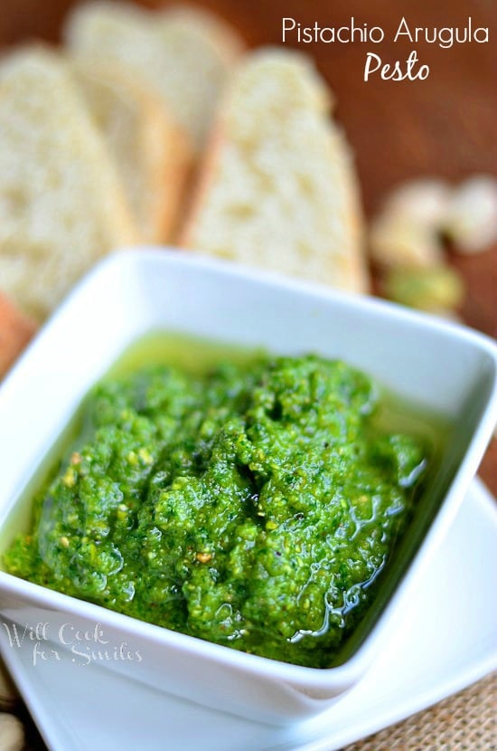 Lemon Pistachio Arugula Pesto in a bowl 