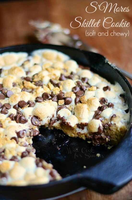 S'Mores Skillet Cookie with a slice out of it 