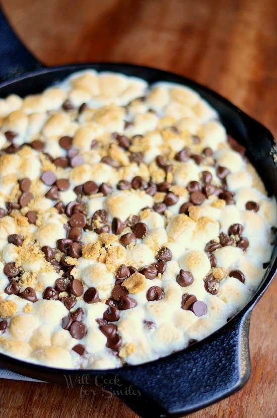 S'Mores Skillet Cookie in a cast iron pan 