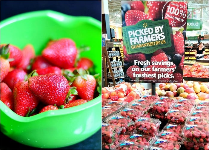 strawberries in a green bowl and WalMart Produce, Strawberries 