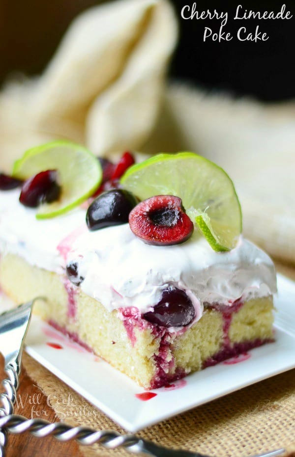 Cherry Limeade Poke Cake on a plate