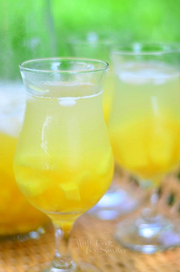Fresh Tropical Fruit Sangria in glass close up
