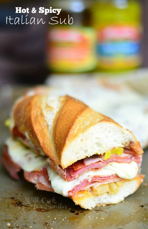 Hot & Spicy Baked Italian Sub on a baking sheet 