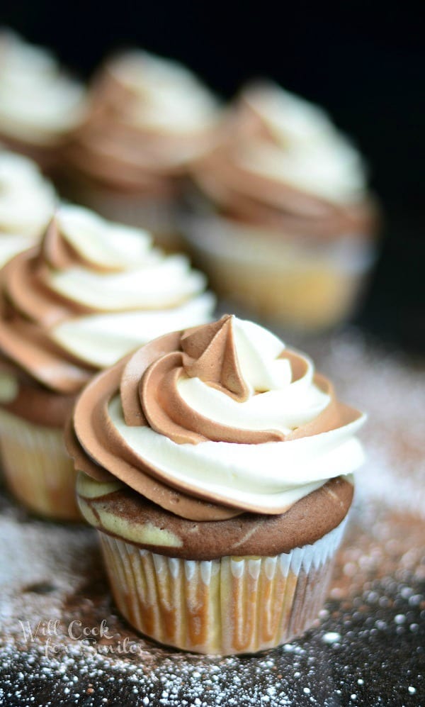 Marble Cupcakes with Marble Cream Cheese Frosting on a table 