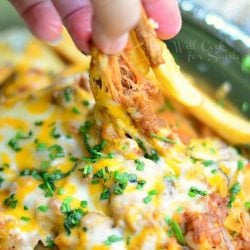 hand pulling out fries from pulled pork loaded fries on a silver platter covered in scallions and mixed melted cheese