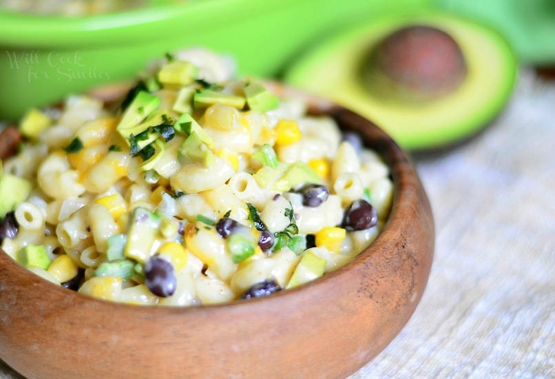 Tex-Mex Mac and Cheese in a wood bowl 