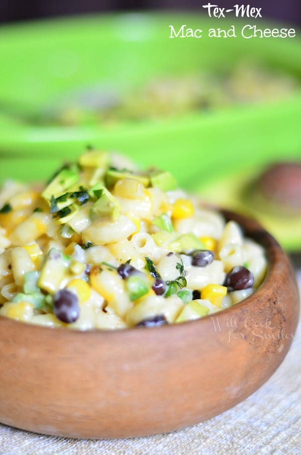 Tex-Mex Mac and Cheese in a wood bowl 