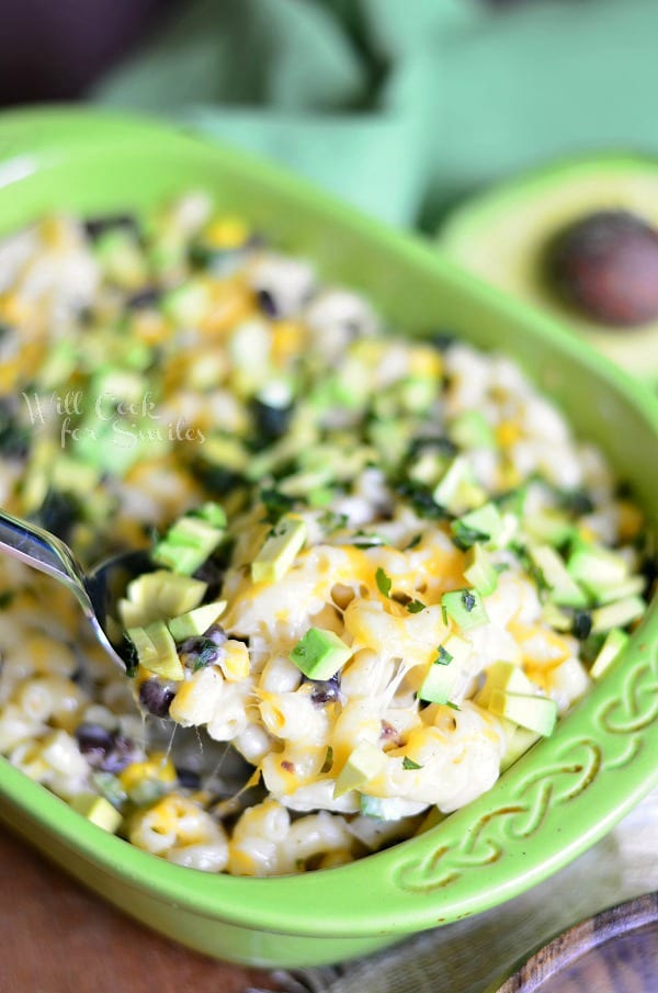 Tex-Mex Mac and Cheese in a green casserole dish 