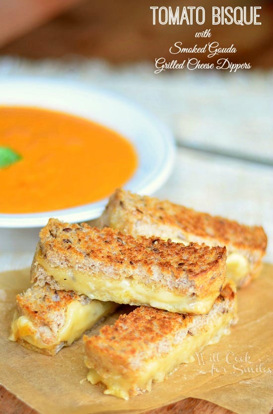 smoked Gouda Grilled Cheese cut into strips for Dipping with soup in the background 