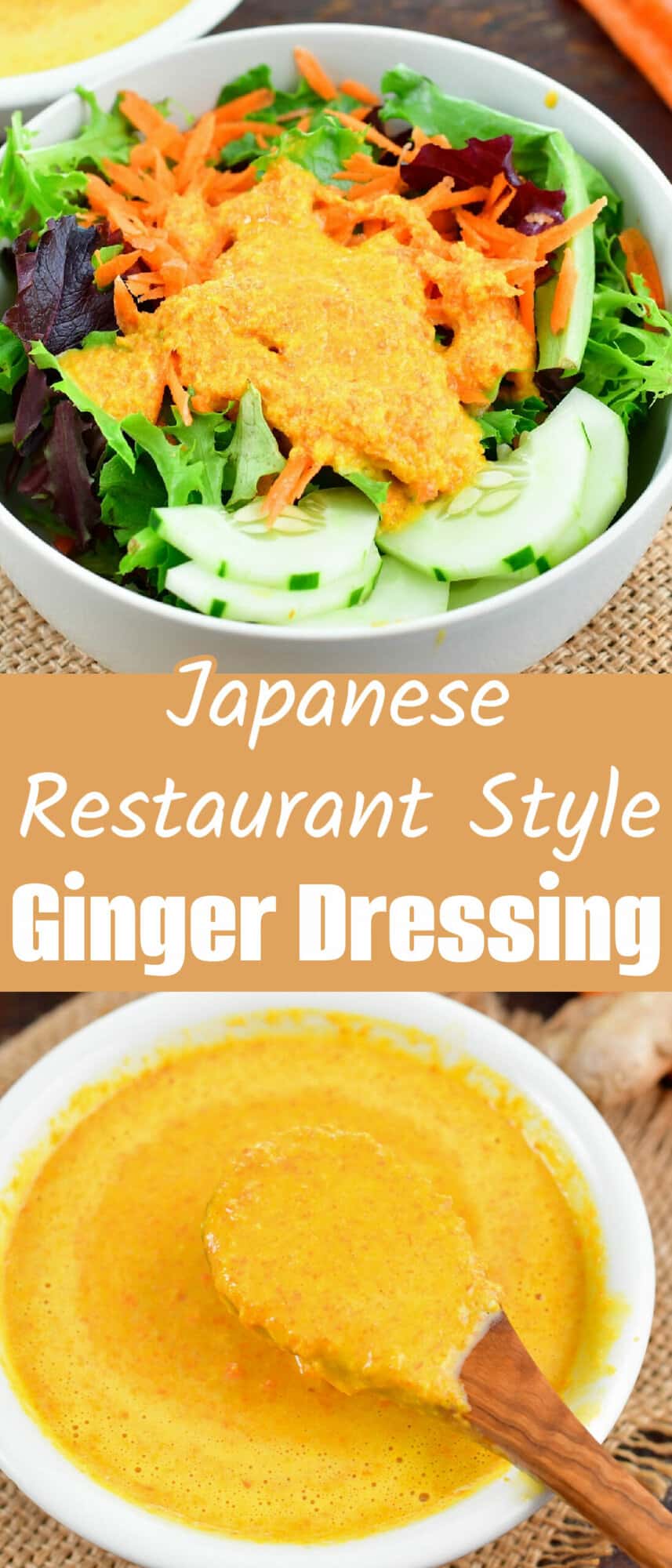 collage of two images of ginger dressing over salad and in a bowl