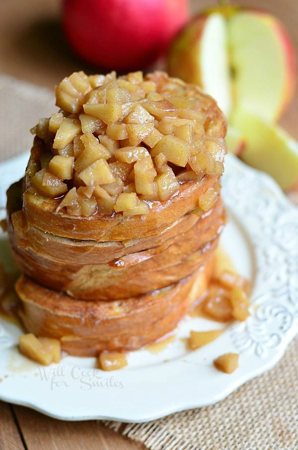 top view Apple Pie Stuffed French Toast stacked up on a plate 