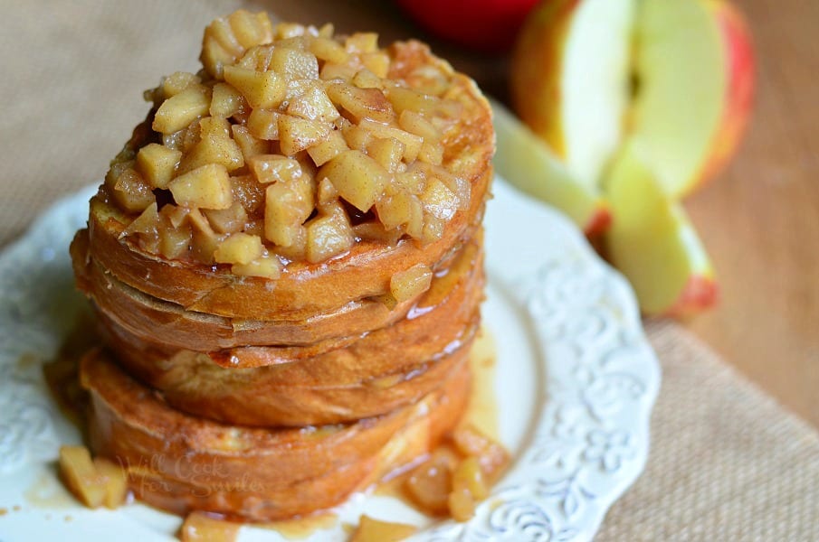 top view Apple Pie Stuffed French Toast stacked up on a plate 