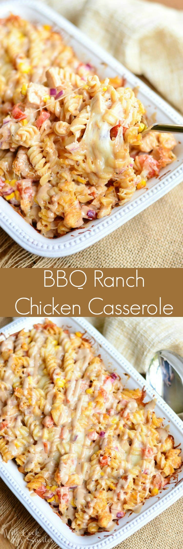 BBQ Ranch Chicken Casserole. Easy pasta casserole loaded with chicken, tomatoes, corn, red onion, and lots of cheese! This chicken, cheesy goodness is baked with BBQ ranch sauce for a  full flavor experience.