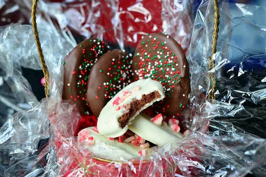 Crunchy Peppermint Cookies with a bite taken out of it in plastic 