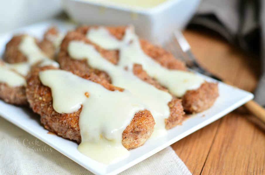Pecan Crusted Chicken Tenders with Cheese Sauce 1 from willcookforsmiles.com