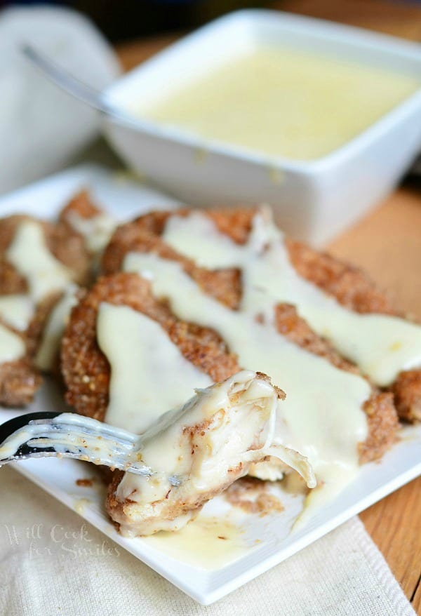 Pecan Crusted Chicken Tenders with Cheese Sauce 2 from willcookforsmiles.com