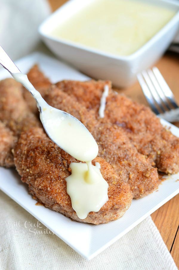 Pecan Crusted Chicken Tenders with Cheese Sauce 4 from willcookforsmiles.com