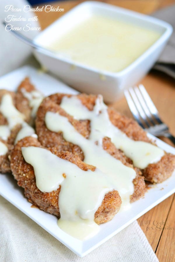 Pecan Crusted Chicken Tenders with Cheese Sauce from willcookforsmiles.com
