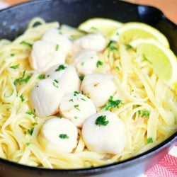 Scallop scampi in a black iron skillet on a red and white cloth with lemon garnish