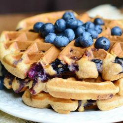 close up view of round white plate with blueberry waffles and blueberries topping the waffles all on a wood table with tan cloth and blueberries below plate