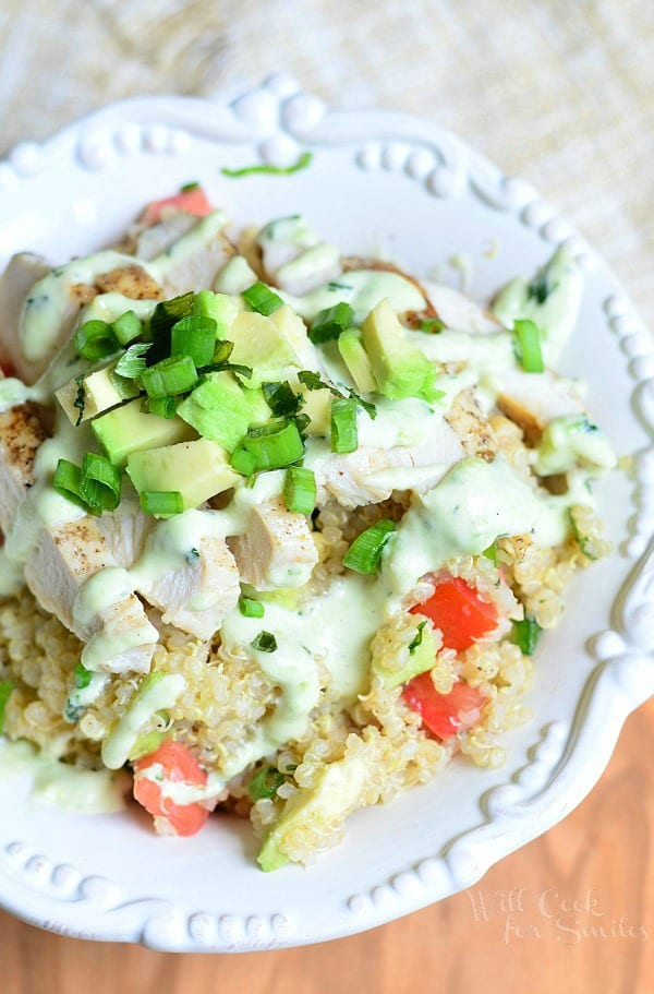 Avocado Ranch Chicken Quinoa in a white bowl 