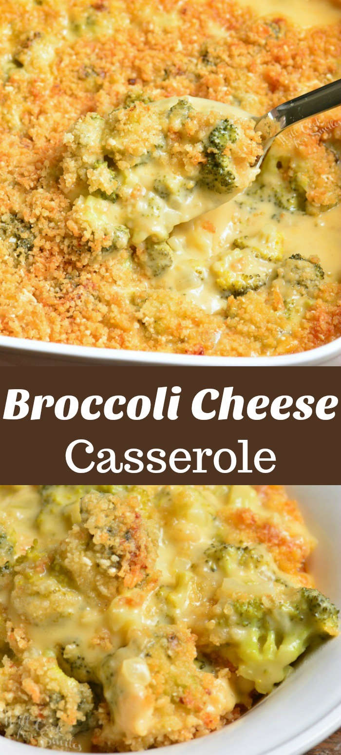 collage of two images of baked broccoli cheese casserole