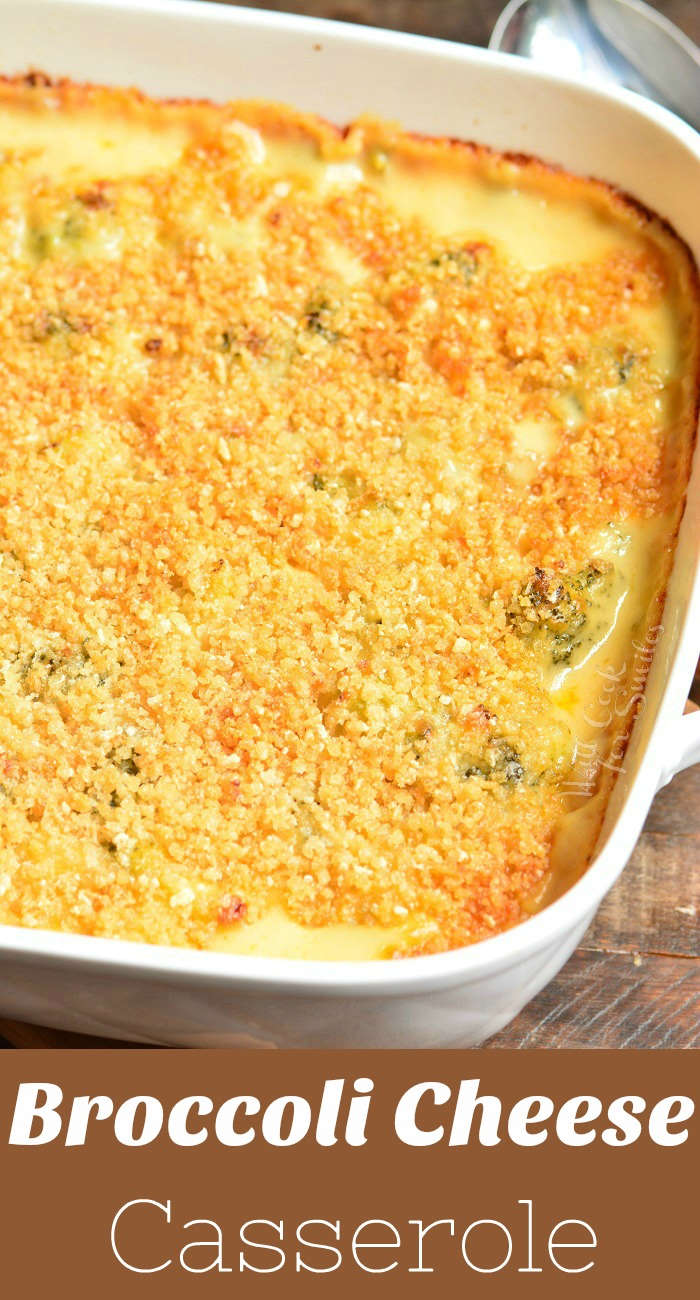 broccoli casserole in a baking dish on a wood table 
