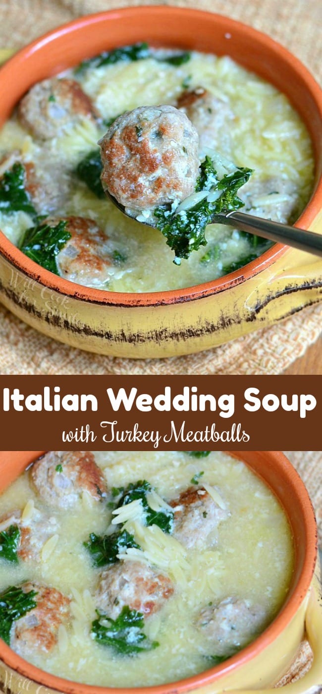 Italian Wedding Soup made with an addition of juicy turkey meatballs. Every bite of this soup is so satisfying and loaded with kale, meatballs, orzo pasta, and Parmesan cheese. #soup #italianwedding #meatballs #turkey #turkeymeatballs