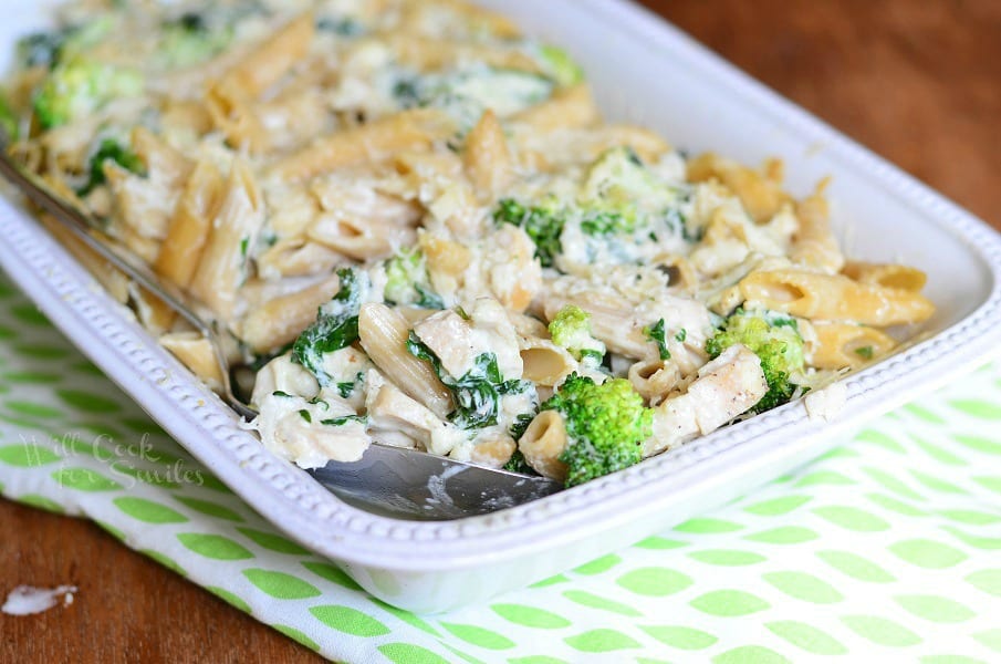 Lightened Spinach & Broccoli Chicken Alfredo Bake 2 from willcookforsmiles.com