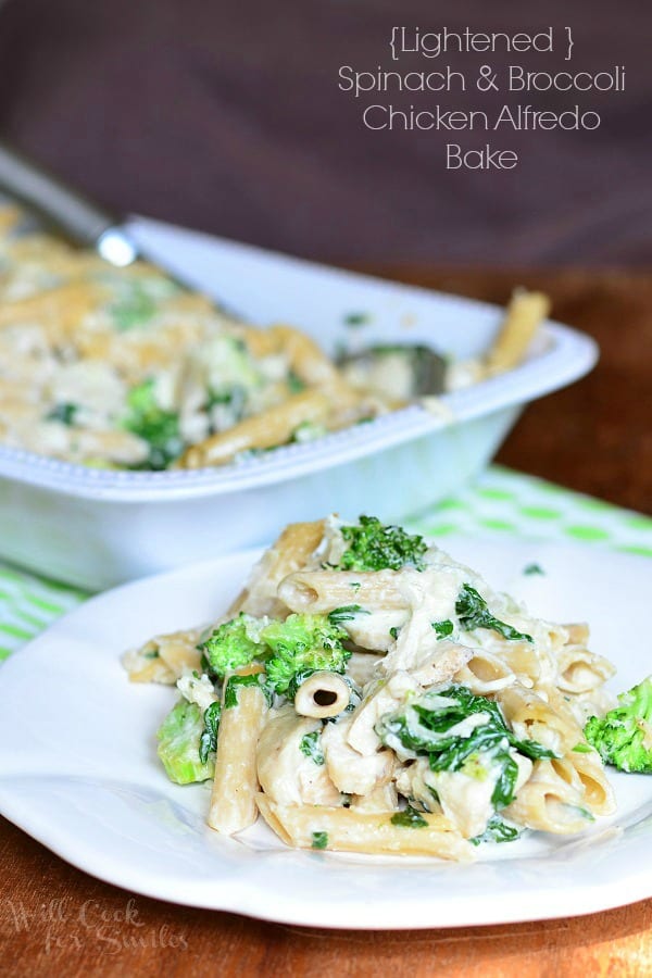 Lightened Spinach & Broccoli Chicken Alfredo Bake | from willcookforsmiles.com