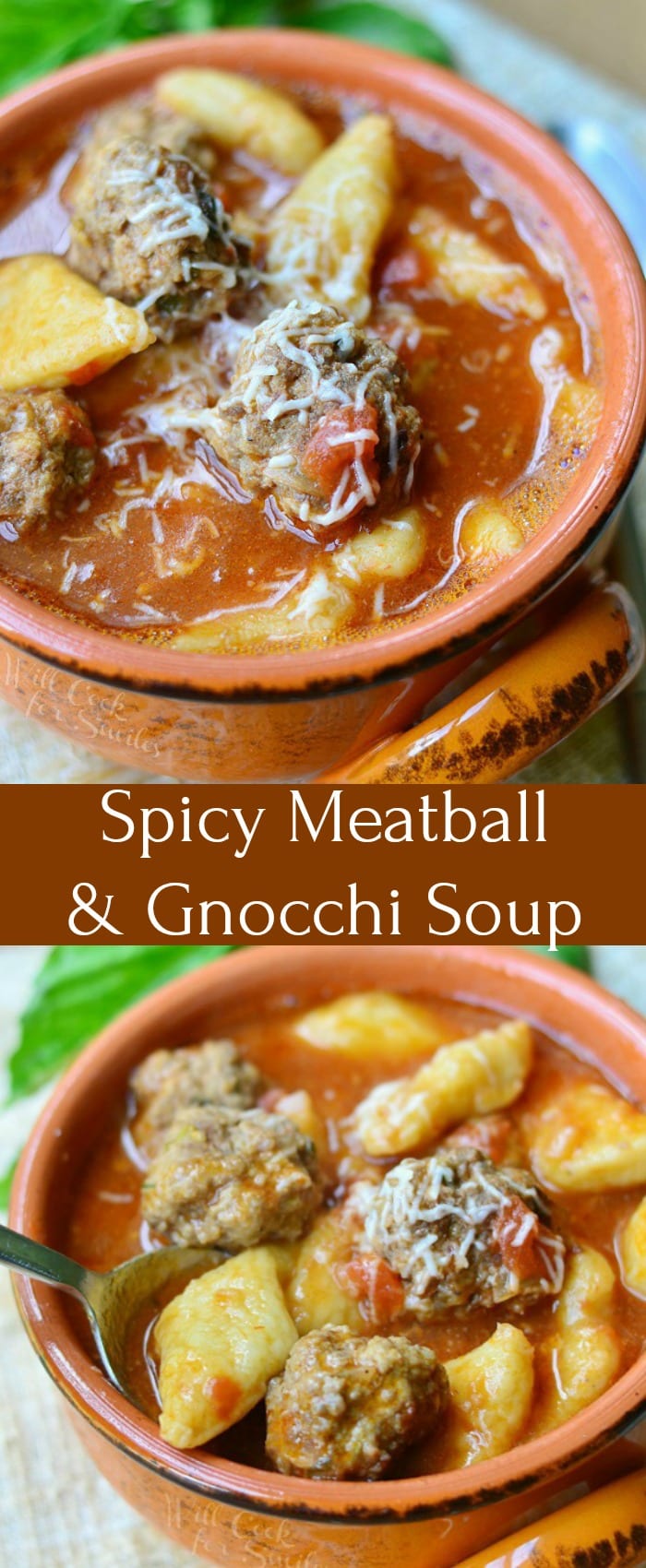 Spicy Meatball & Gnocchi Soup. Comforting and hearty soup recipe. Tomato based soup made with homemade gnocchi, meatballs, and added heat from red pepper flakes and cayenne. #soup #meatballs #groundbeef #gnocchi #hearty #tomato #pasta