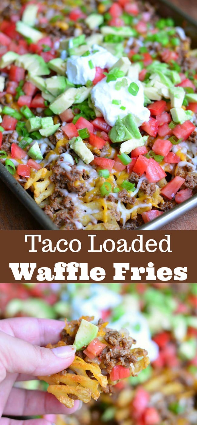 Taco Loaded Fries Nachos. Crispy baked waffles fries loaded with taco beef, tomatoes, avocado green onions and cheese. #appetizer #snack #taco #groundbeef #nachos