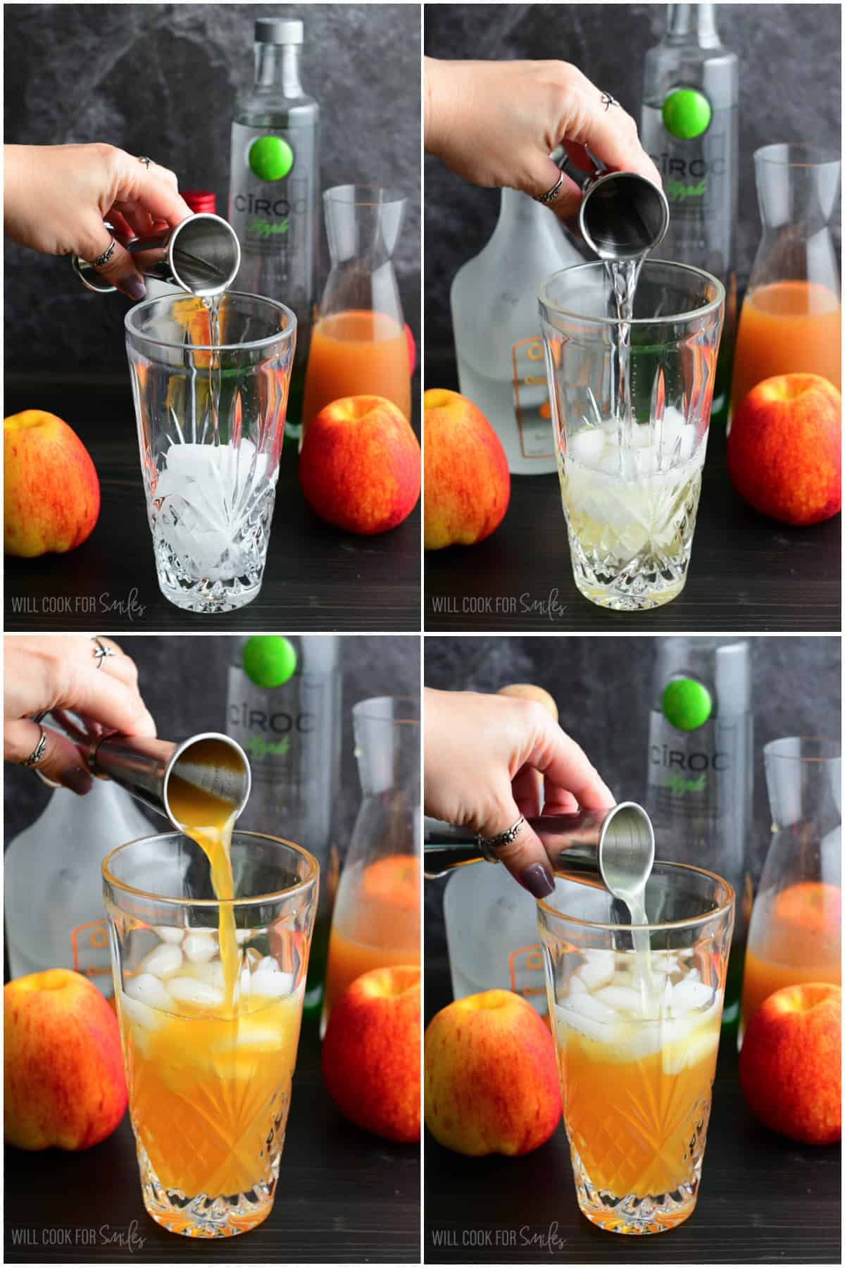 collage of four images of putting ingredients together in the cocktail shaker. 