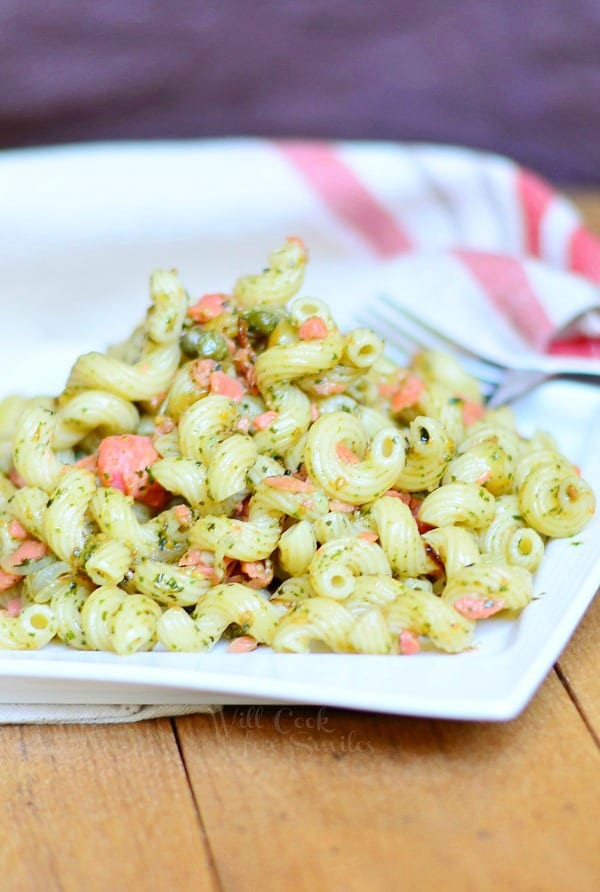 Smoked Salmon Peso Pasta on a white plate 