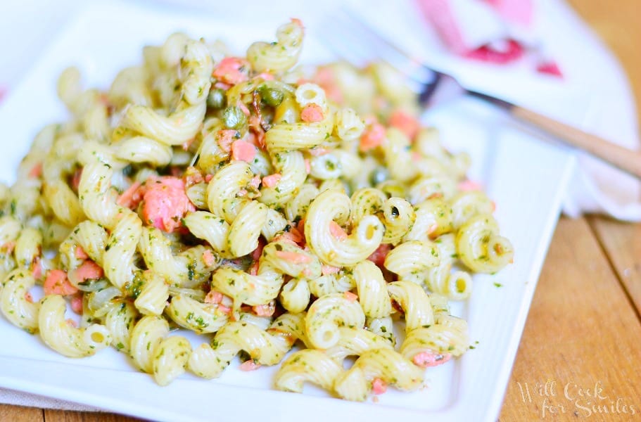 Smoked Salmon Peso Pasta on a white plate 