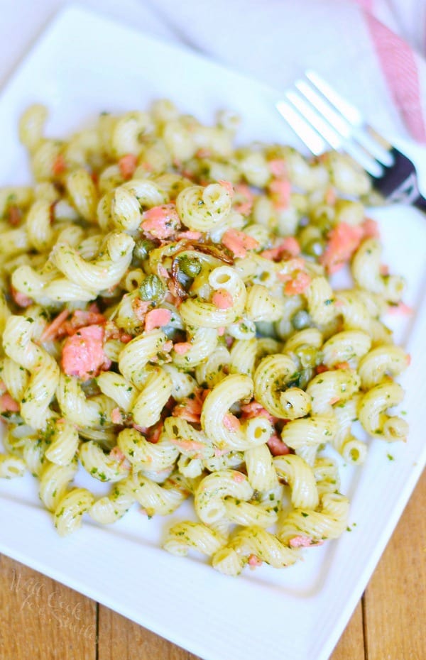 Smoked Salmon Peso Pasta on a white plate with a fork to the right 