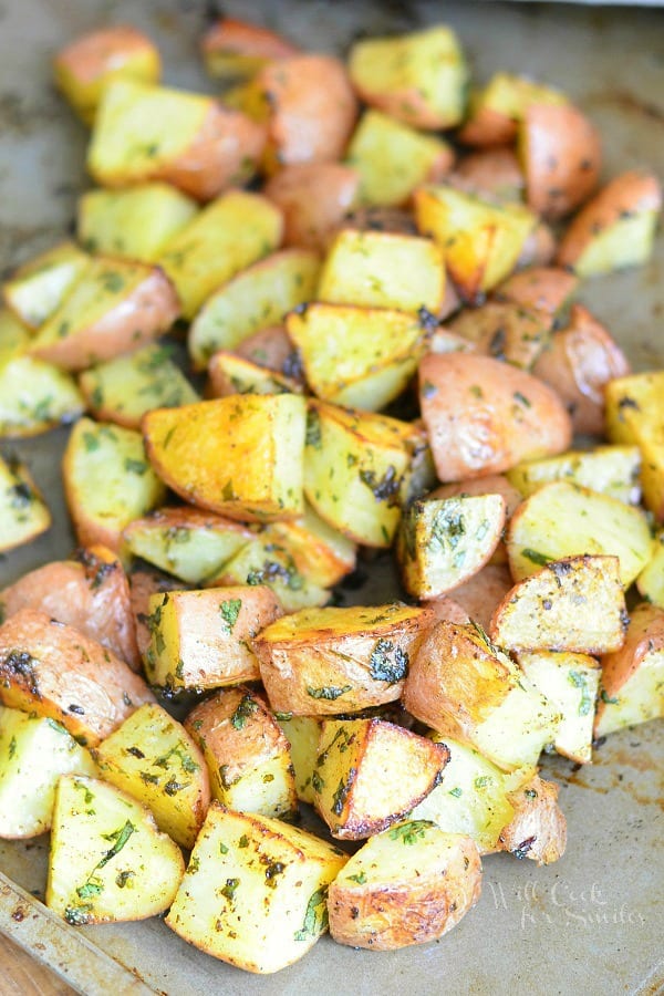 Cilantro Lime Roasted Potatoes on a baking sheet