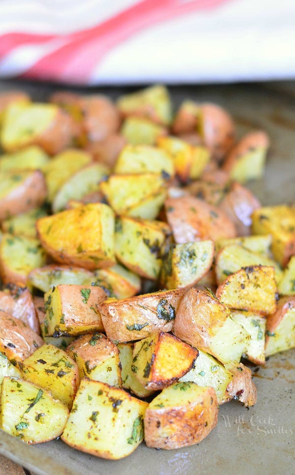 Cilantro Lime Roasted Potatoes on a baking sheet 