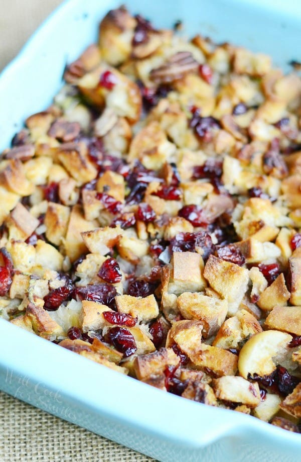 Cranberry Stuffing with Pecans in a casserole dish 