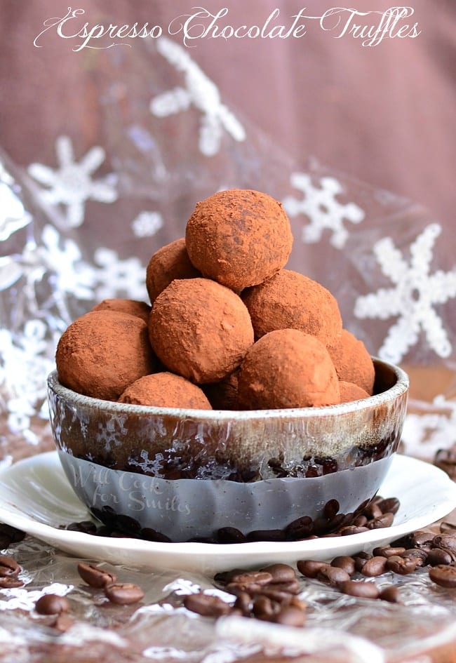 Espresso Chocolate Truffles. Decadent Chocolate Truffles made with espresso flavors and coated with sweetened cocoa powder. | from willcookforsmiles.com