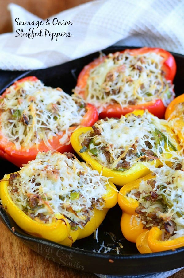 Sausage & Onion Stuffed Peppers on a cast iron skillet 