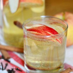 small glass filled with spiced apple sangria with sliced apples floting near the top of the glass while the glass is on a white and red cloth and a cinnamon stick rests at bottom of glass. A glass pitcher rests in background filled with spiced apple sangria and an apple to it's right.