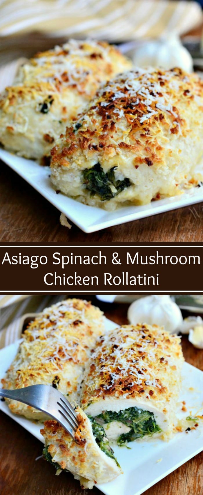 Asiago Spinach & Mushroom Chicken Rollatini. Juicy chicken breast pounded thin and rolled with a mixture of spinach, mushrooms, garlic and Asiago cheese. Then, it's lightly rolled in Panko crumbs and more Asiago cheese. #chicken #spinach #cheese #asiago #easydinner #chickenrecipes