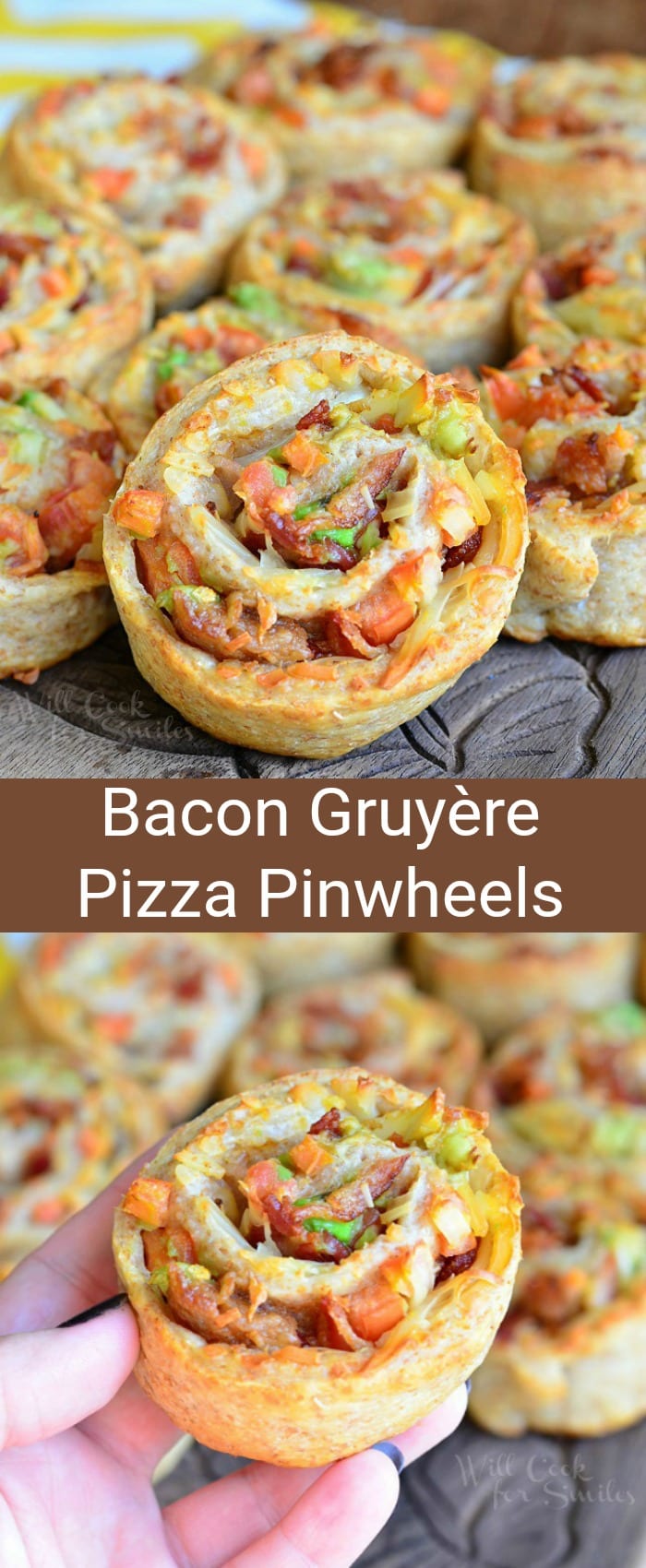 Bacon Gruyere Pizza Pinwheels. Great warm appetizer made with whole grain pizza dough, crispy bacon, Gruyere cheese, tomato and avocado. #appetizer #snack #pinwheels #pizza #bacon #partyfood