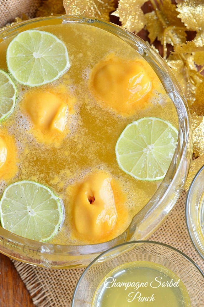 top view Champagne Sorbet Punch in a punch bowl with lemons 