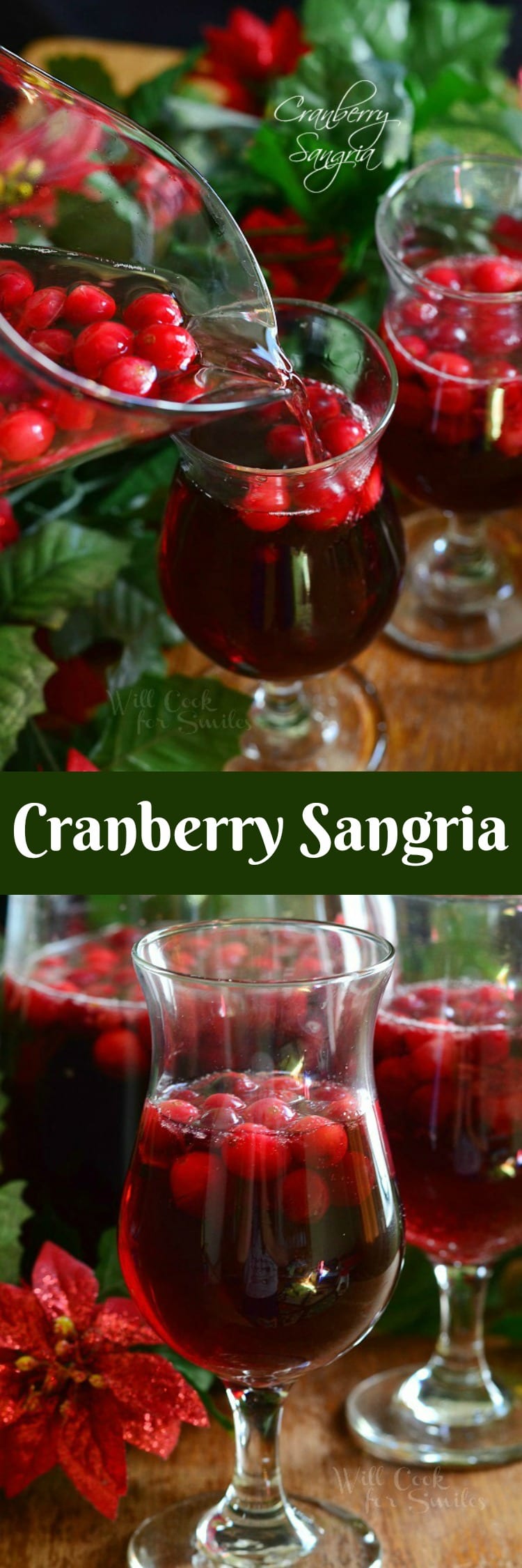 collage of two images of cranberry sangria pouring and in glass.