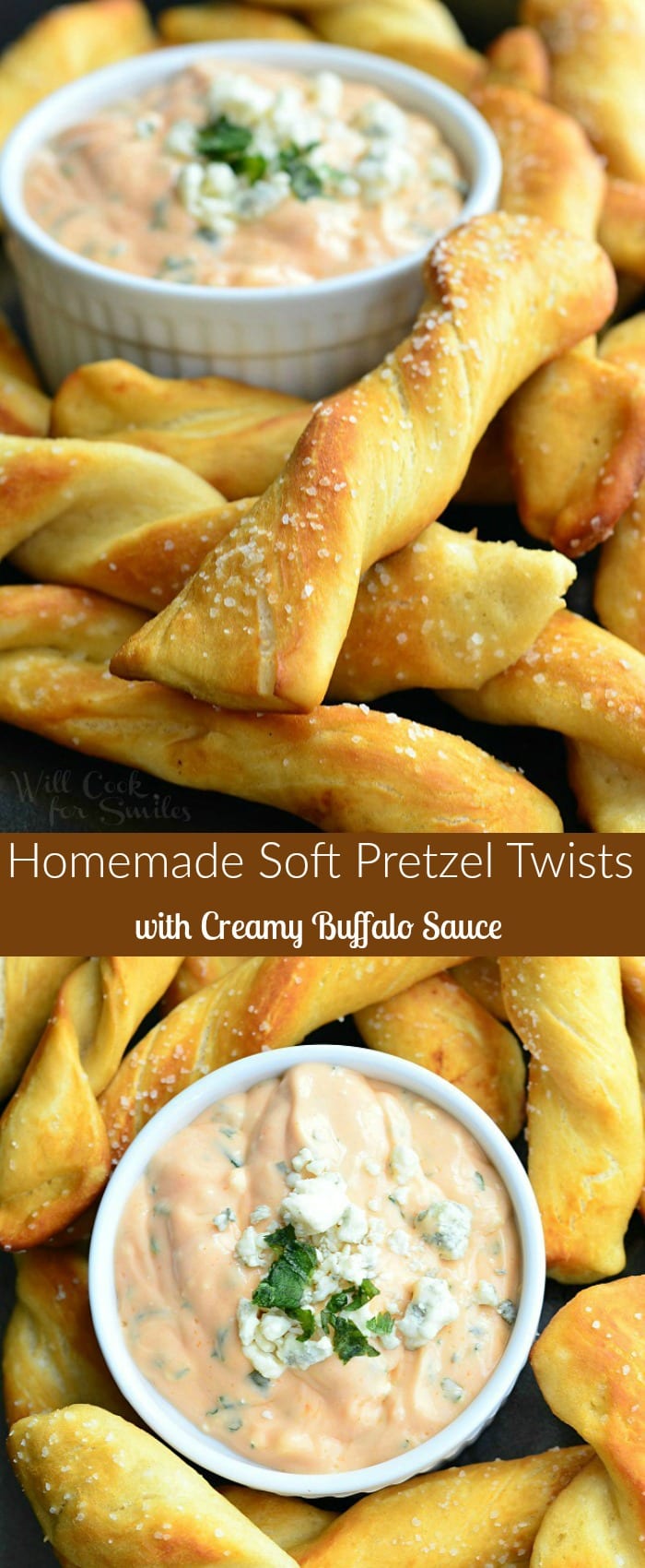 Homemade Soft Pretzel Twists with Creamy Buffalo Sauce. Homemade soft, salted pretzels served with delicious creamy buffalo sauce made with Greek yogurt and blue cheese crumbles. #appetizer #snack #buffalo #pretzel #homemade #partyfood #dip